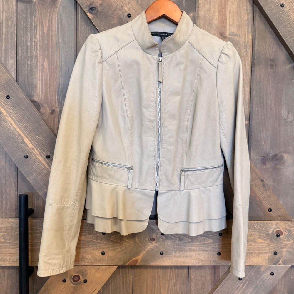 White House Black Market Leather Jacket Women S Beige Good Peplum Metallic